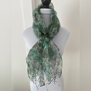 FLEURS Sheer Silk Scarf Green Gray Floral Pattern Lightweight Delicate NWT